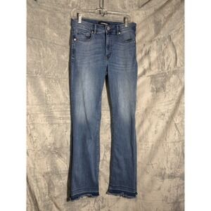 Express Denim Perfect High Rise Bootcut Jeans Blue Raw Hem Stretch 8r 32 inseam